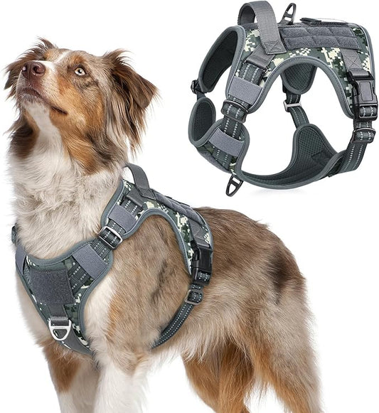 rabbitgoo Tactical Dog Harness for Large Dogs, No Pull Military Service Vest with Handle & Molle, Easy Control for Training Walking, Adjustable Reflective Straps, Dark Grey Camo, M