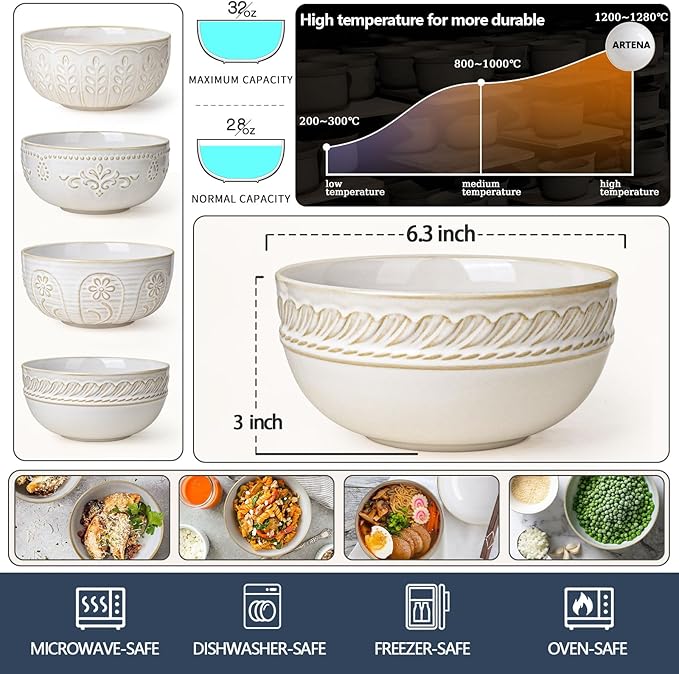 Artena Soup Bowls 32 OZ, Cereal Bowls Set of 4, White Embossment Ceramic Ramen Bowl for Salad, Dinner, Pho, Noodle, Pasta, Snacks, Dishwasher Microwave Safe, 6.3 Inch, Willow Leaf (Pack of 2)