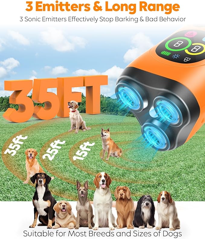 Dog Bark Deterrent Device,3X Ultrasonic Anti Barking with Color LCD Screen,7 Training Modes 35 FT Range Correct Bad Behavior Indoors Outdoors,Safe & Humane Rechargeable Bark Control for Dogs
