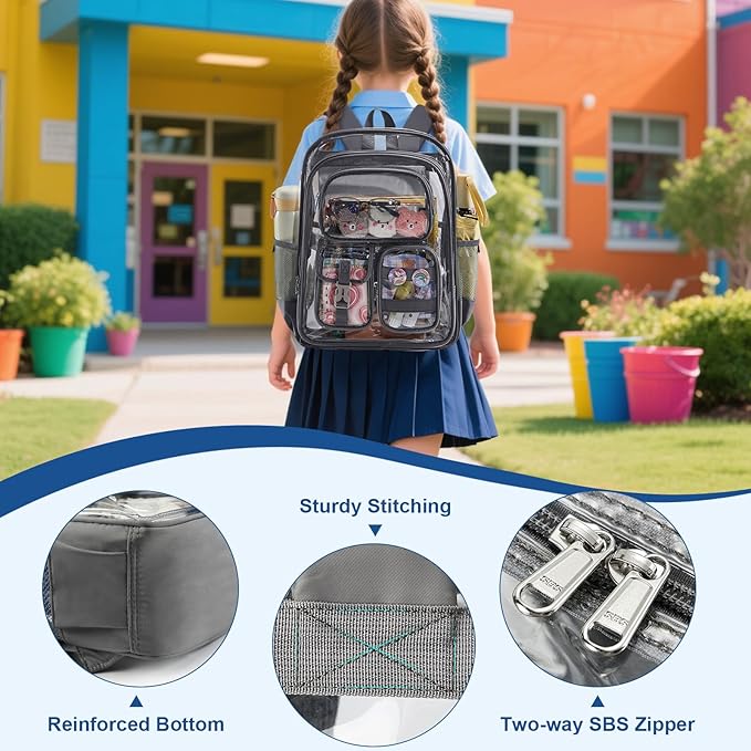 Grey Clear Backpack Heavy Duty, Large Clear Bookbag for Boys Girls Adult, See Through Book Bag Transparent Backpacks with Multiple Pockets for School College Work Casual