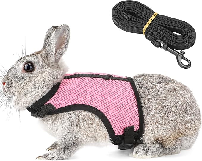 PETTOM Bunny Rabbit Guinea Pig Harness Stretchy Elastic Leash Cute Soft Mesh Small Pet Harness No Pull Comfort Outdoor Walking Jogging Padded Vest for Ferret Guinea Pig (Pink,L)