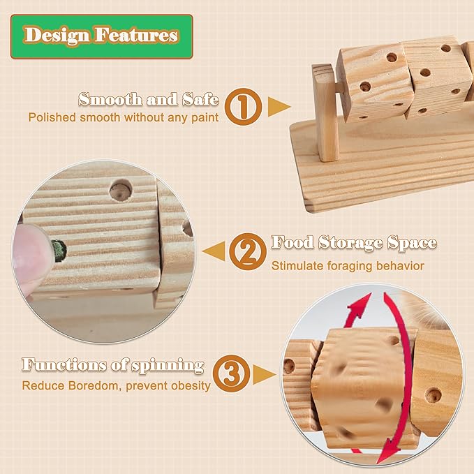 Small Animal Natural Wood Activity Toy with Rotating Cubes for Hamsters Gerbils Mice Unpainted