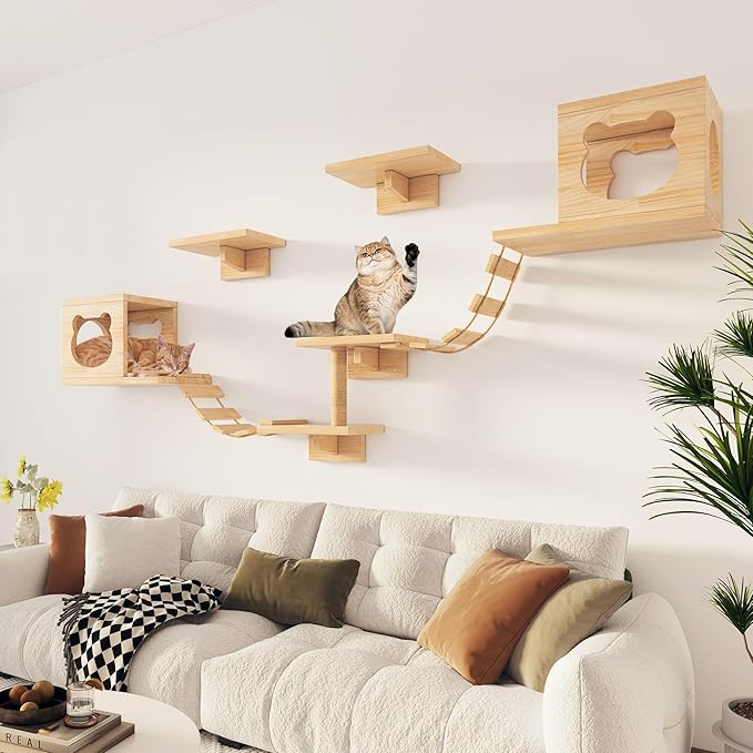 PETKABOO Cat Wall Shelves and Perches, Pine Wooden Cat Wall Furniture Climbing Shelves with Climber, Condo, Scratching Post, Ladder & Platform