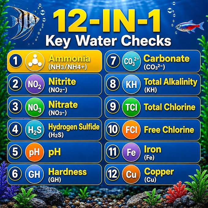 12-in-1 Aquarium Test Strips for Ammonia, 50ct Fish Tank Water Testing Kit | Aquarium Water Test Kit, Fish Tank Test Strips and Water Test Kit for Fish Tank; Detects Hydrogen Sulfide, Nitrate and More