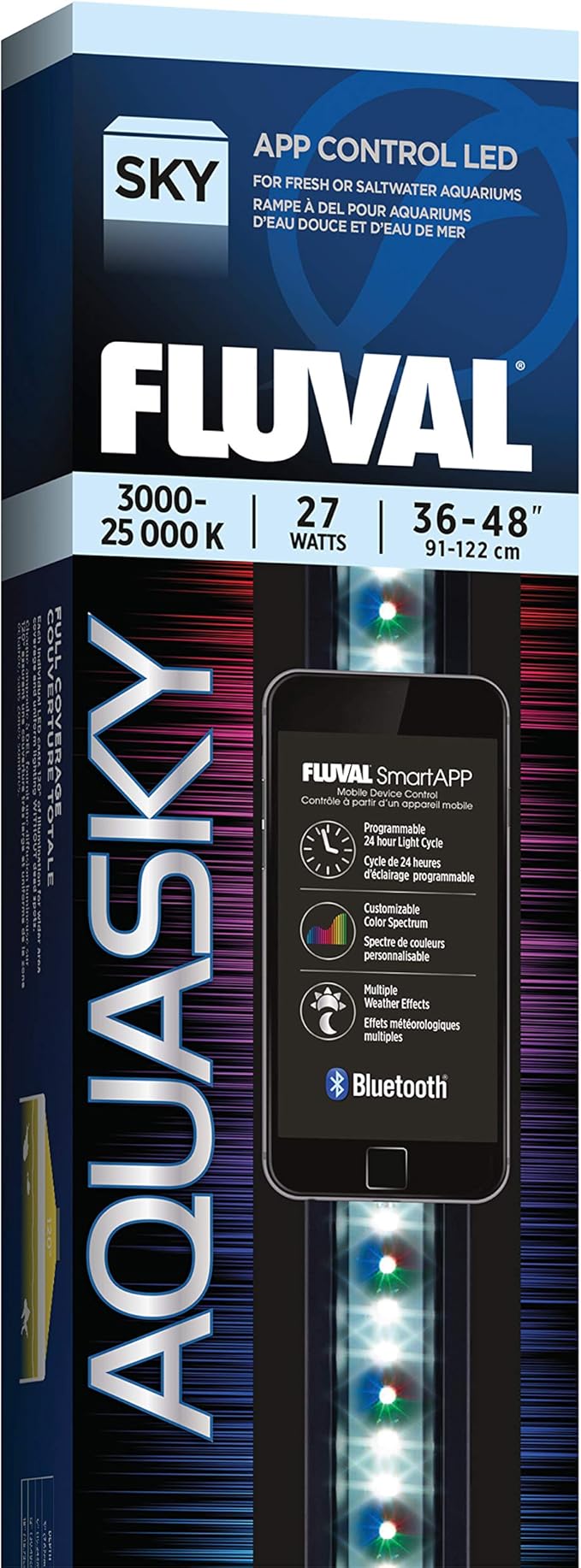 Fluval Aquasky 2.0 Bluetooth LED Aquarium Light – 27W, 36–48" | RGB + 6500K White | App-Controlled with 24-Hour Light Cycle & Weather Effects | IP67 Waterproof | Wide 120 Coverage
