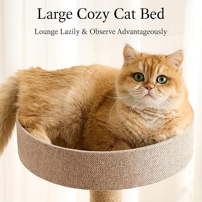 797Audio Modern Wood Cat Tree Tower, 46" Aesthetic Cat Tree with Natural Pine Wood Scratching Posts and Condo for Adult Cats, Solid Rubber Wooden & Linen Cat Tree,Multi-Level Tree for Indoor Cat