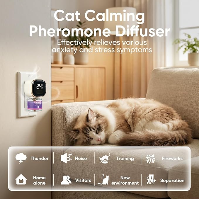 Cat Calming Diffuser Kit with Timer And Memory Adjustable 4/8/12/24H Cat Pheromone Diffuser 3-Pack (48ml Each) Helps Reduce Stress, Spraying, Fighting, Excessive Meowing & Scratching Fits All Cats