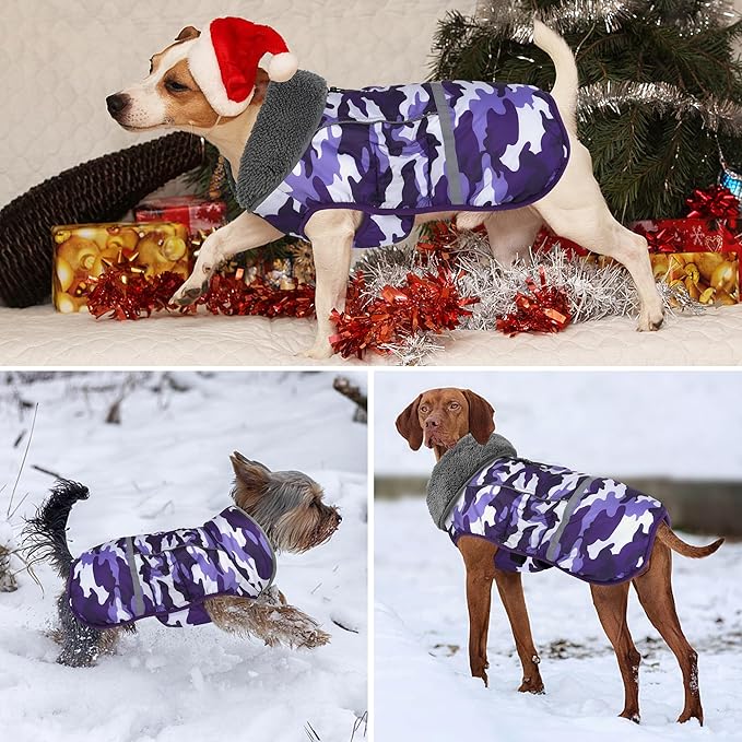 Dogcheer Warm Dog Coat, Waterproof Dog Jacket Christmas Puppy Winter Coat with Buckle, Reflective Adjustable Pet Snow Jacket Turtleneck Fleece Sweater for Small Medium Large Dogs - Camo Purple, L