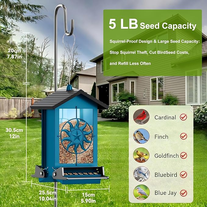 Squirrel Proof Bird Feeders for Outdoors with Weight-Activated, 5LB Large Metal Wild Bird Feeders for Cardinals,Blue Jay,Finch, Weatherproof Durable Hanging Bird Feeder for Backyard,Garden (Blue)