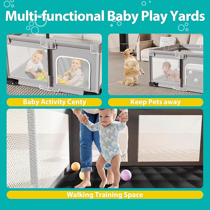 ICAREWAY Foldable Playpen for Babies and Toddlers, 50x50 Inches Portable Playpen, Kids Collapsible Play Pen with 2 Handlers, Indoor & Outdoor Baby Fence Play Area with Visible Mesh, Light Gray