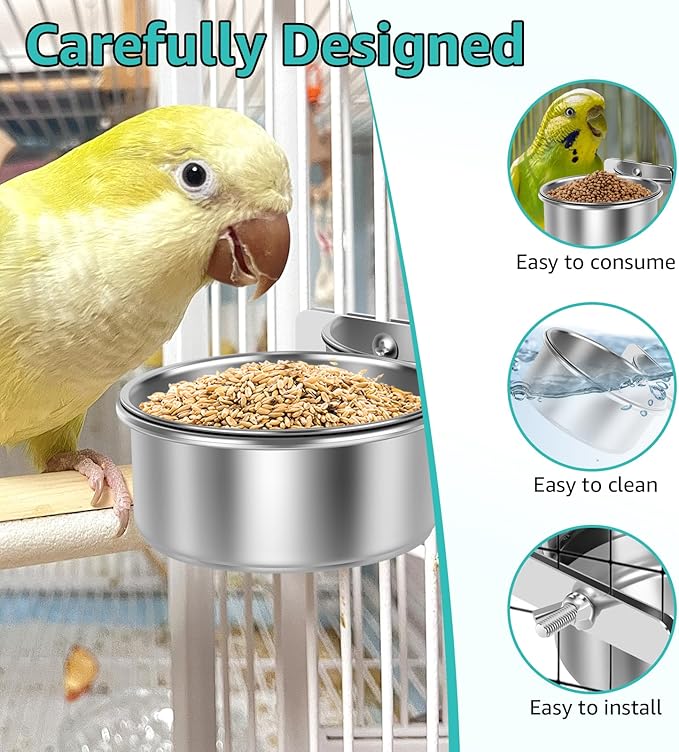 8 PCS Stainless Steel Bird Feeding Bowls, Bird Water Bowls with Clamp Holder, Parrot Food Dish Cups,Parrot Cage Coop Feeders for Cockatiels,Conure,Budgies,Finches,Parakeet and Similar Birds