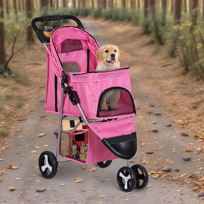 3 Wheels Dog Stroller Folding Pet Strolling Cart for Small Medium Cats Puppies Portable Jogger Travel Camping Puppy Carrier with Storage Basket Cup Holder, Pink