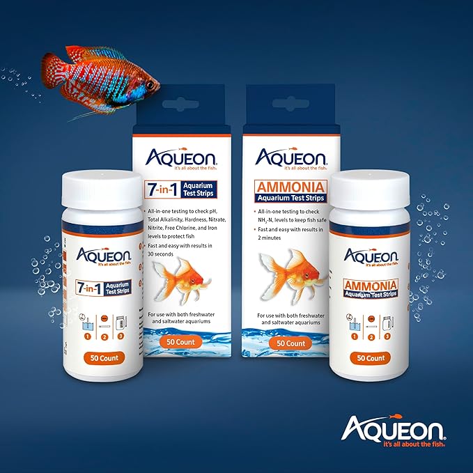 Aqueon 7-in-1 Aquarium Test Strips, Fast Results for pH, Total Alkalinity, Hardness, Nitrate, Nitrite, Free Chlorine and Iron Levels, for Freshwater and Saltwater, 50 Count