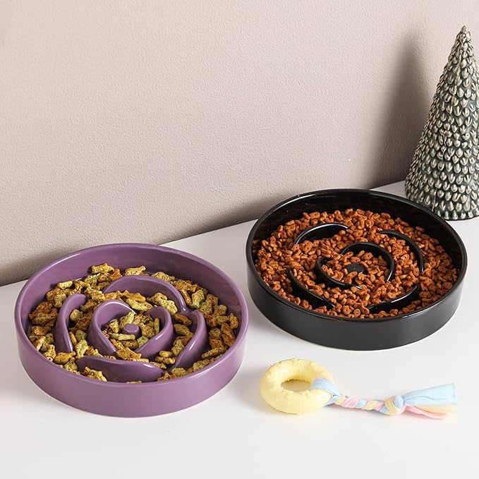 8.66 in Purple Ceramic Slow Feeder Dog Bowl for Medium and Large Breed,Fast Eater Dog Food Water Dish Heavy Wighted,Puppy Bowl for Fast Eaters,Puzzle Slow Eating Dish Modern Cute