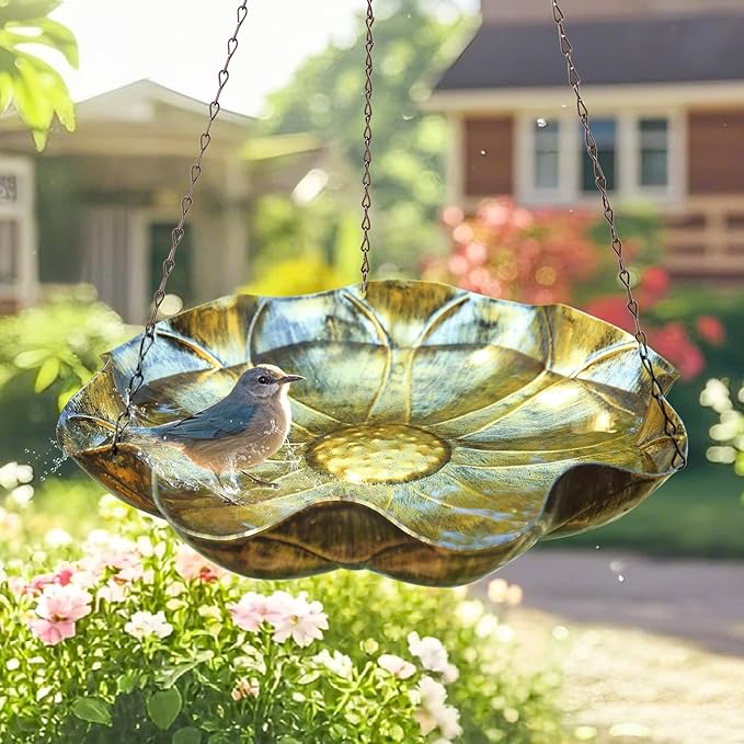 MUMTOP Hanging Bird Baths for Outdoors - Metal Bird Bath, 11.6 Inch Flower Shape Birdbath Bird Feeder Bowl for Outside, Garden, Lawn Yard Decor(Silver)