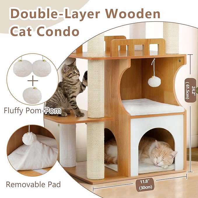 Gitelsnour Cat Tree, 70.9 Inch Wood Cat Tower for Large Cats Adult, Modern Cat Furniture with Double-Layer Wooden Cat Condo, 2 Platforms, Large Hammock and Scratching Posts, Walnut GCT102WB