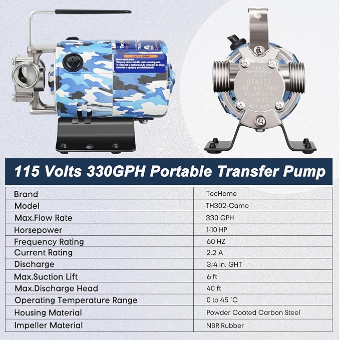 TecHome Water Pump Water Transfer Pump, 115V Rain Barrel Waterbed Pump. | 1/10HP 330GPH, with Water Hose Kit.