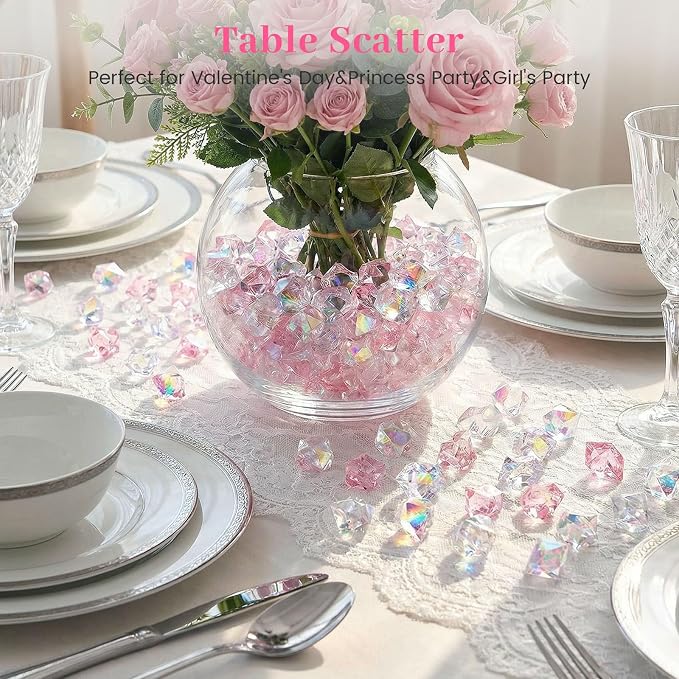 DOMESTAR 150 PCS Iridescent Fake Ice Rocks, Pink and Clear Acrylic Crystals | Plastic Gems for Vases Fillers, Table Scatter, Tables Centerpieces, Wedding Centerpieces, Fish Tank Craft Supplies