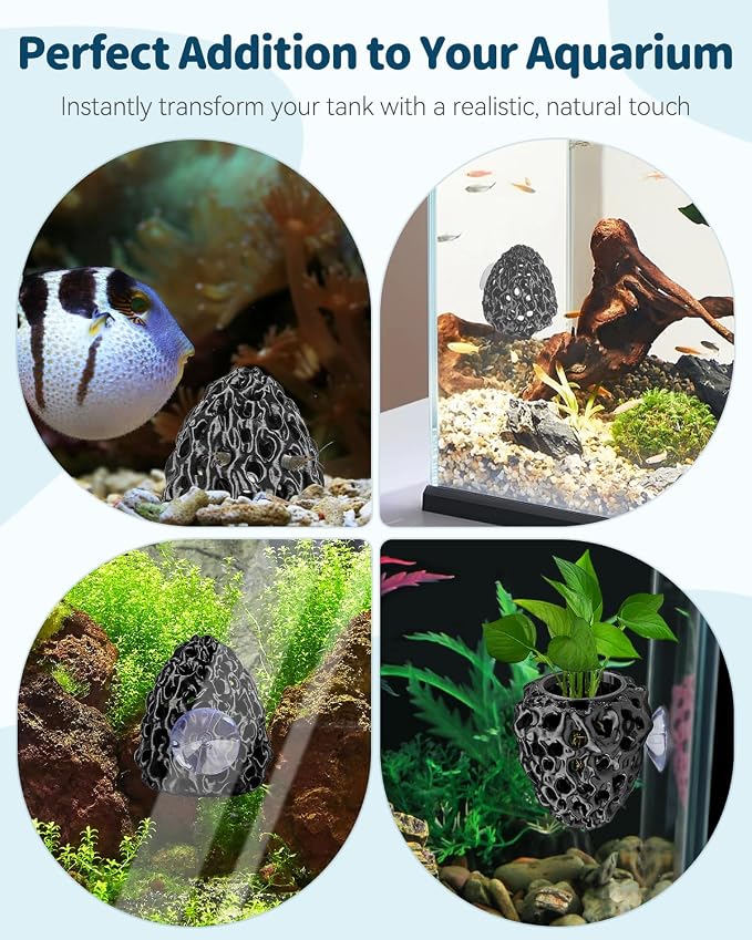 Uniclife Shrimp Cave, Shrimp Hides for Aquarium, Realistic Plastic Aquarium Coral Rock Decorations with Suction Cup, Betta Hideout Tank Accessories for Fish Tank Decor, Hiding & Resting, Black