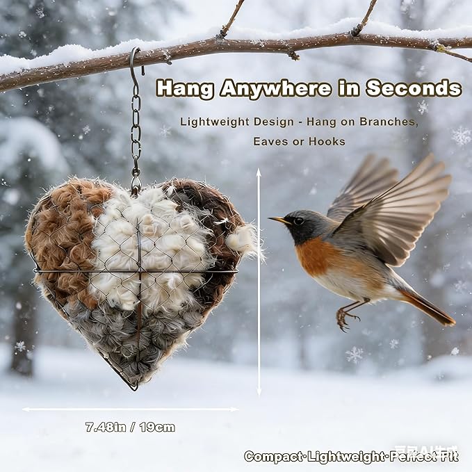 2026 new Handmade Alpaca Fiber Bird nest Heart, Bird nest Material Frame, Winter Wild Bird Tree House, Hummingbird nest Box Outdoor Garden Art Bird House, a Gift for Bird Lovers. (2pc)