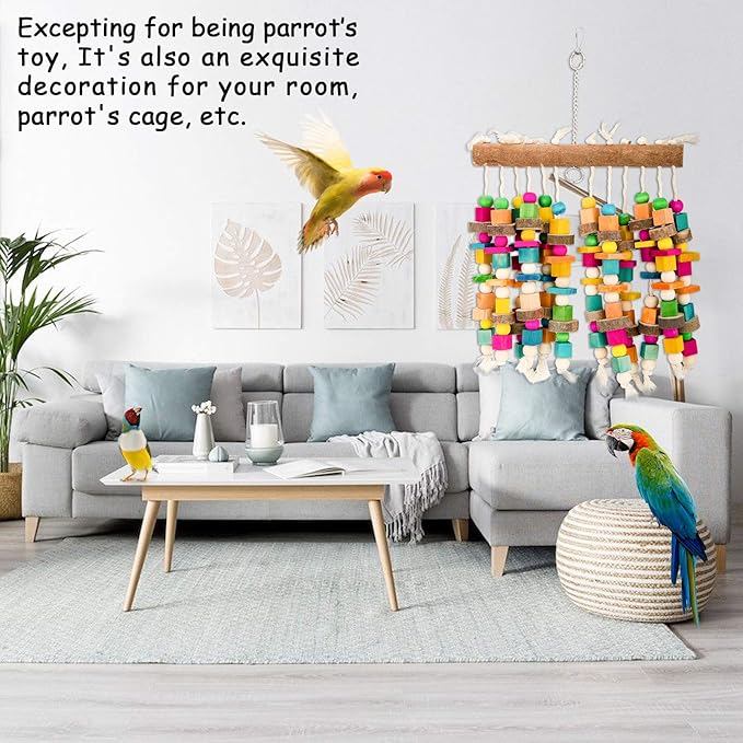 Kikerike Parrot Chewing Toy Bird Bite Toy with Colorful Wood Beads, Multicolored Natural Wooden Block Cage Toys for Macaw Cockatoo Parakeets