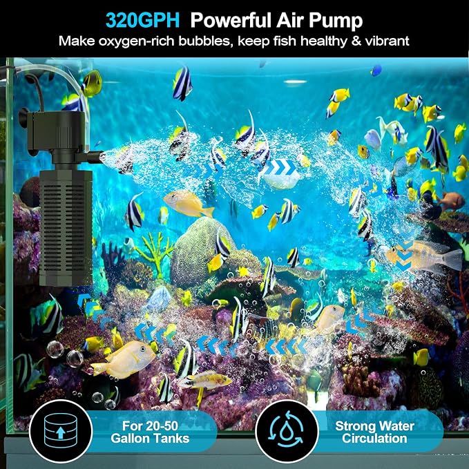 320GPH 4-in-1 Aquarium Filter 20-50 Gallons Quiet Fish Tank Filters | Submersible Turtle Tank Filter with 13W Powerful Pump, Bio-Sponge Filtration, Aeration, Water Cycle, Easy Setup & Cleaning
