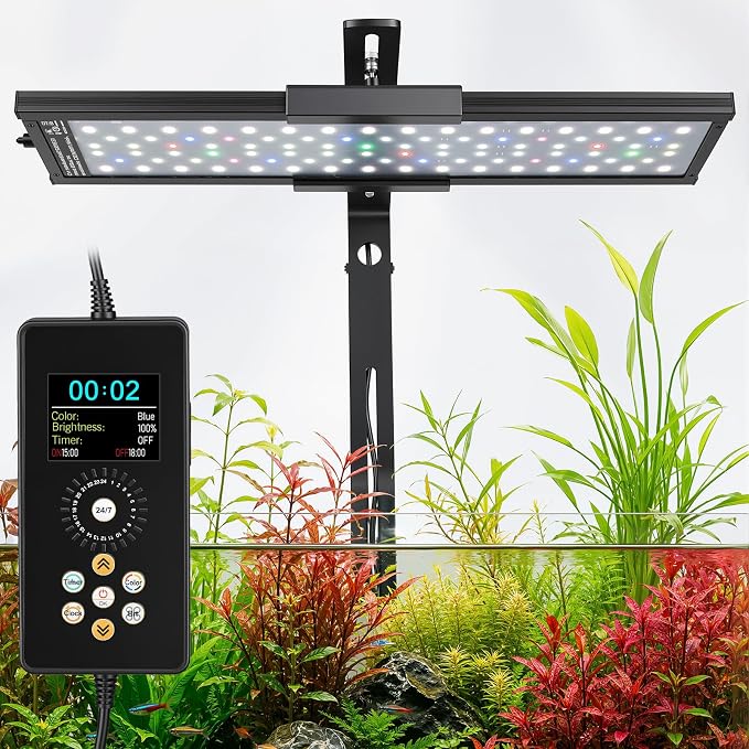 fishkeeper Clip on Aquarium Light for Plants, 6 Row LED Brightness, 24W | 18-24in Full Spectrum Fish Tank Light with 24/7 Natural Mode, DIY Mode, Adjustable Height/Front-to-Back Aquarium Light Riser