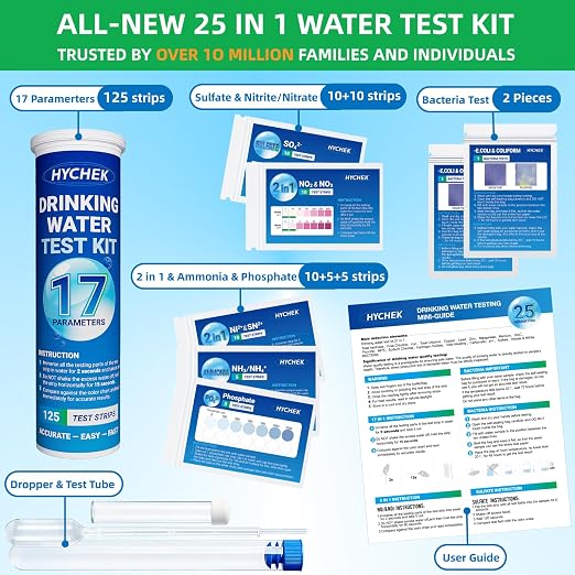 25 in 1 Home Drinking Water Test Kit, 165 Strips + 2 Bacteria Tests | Accurate Water Test Strips, Well & Tap Water Testing Kit, Tests Iron, Lead, Nitrate, Fluoride, Chlorine, Hardness, pH & More