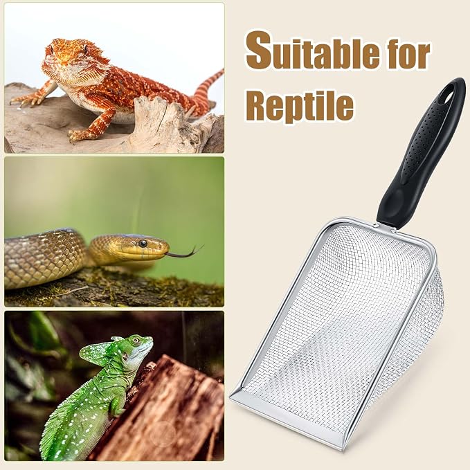 4 Packs Reptile Sand Stainless Steel Fine Mesh Reptile Substrate Metal Sand Shovel Sifter Litter Cleaner Corner Scoop Shovel Cleaner Scooper for Bedding Aquarium Terrarium Accessories