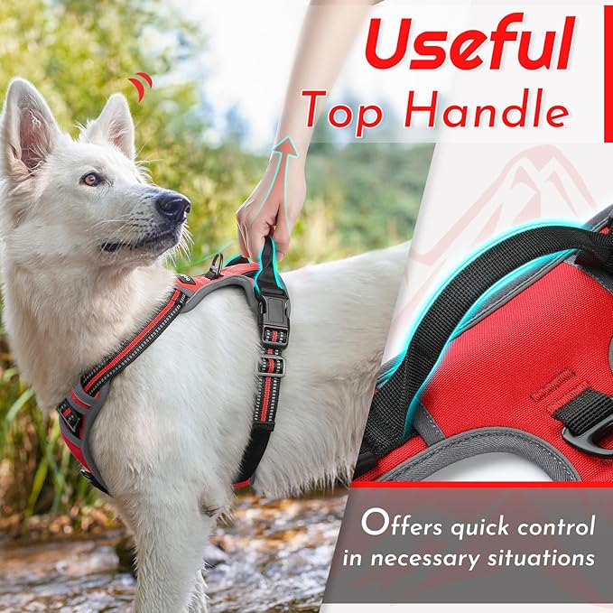 Eagloo Dog Harness for Large Dogs, No Pull Service Vest with Reflective Strips and Control Handle, Adjustable and Comfortable for Easy Walking, No Choke Pet Harness with 2 Metal Rings, Red, L
