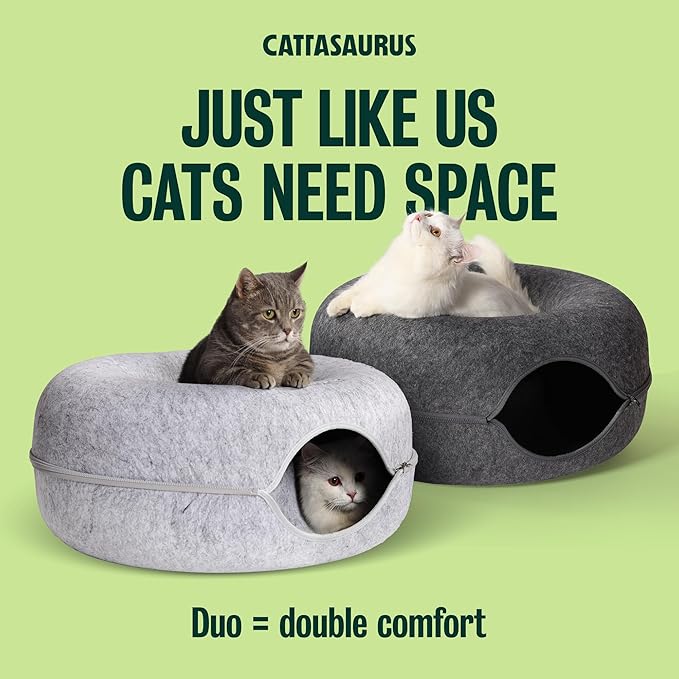 Cattasaurus Peekaboo Cat Cave Donut for Multiple & Large Cats up to 30-45 lbs, 3-in-1 Self Warming Cat Bed, Tunnel & Scratcher for Indoor Cats, Washable & Detachable (Light Gray + Dark Gray, Large)