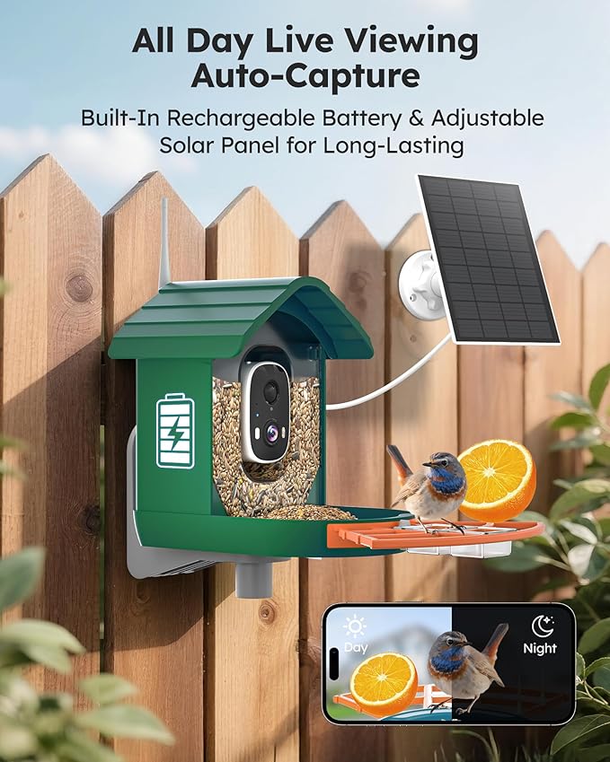 Smart Bird Feeder with Camera Solar Powered for Outdoors 2K FHD AI Recognition Hanging Bird Feeder Camera for Outside Backyard Garden, Gifts for Birdlover Mom Dad Kid (Dark Green and Orange)