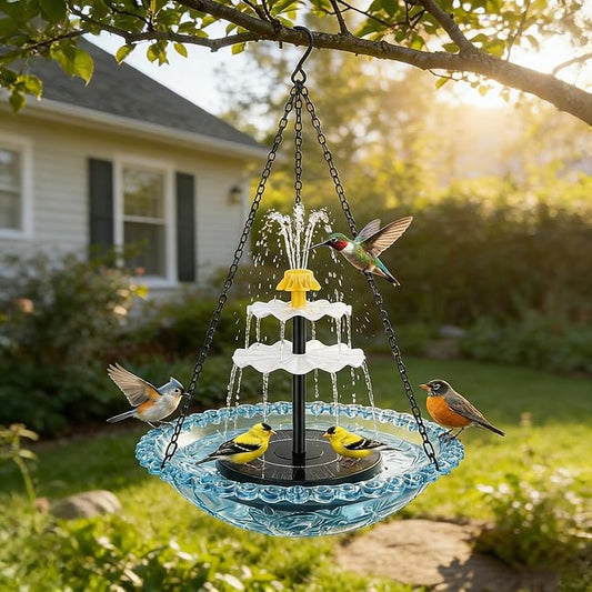 Solar Cascade Hanging Bird Bath Fountain, Solar Fountain Pump with 8 Nozzles, Hanging Bird Bath with Water for Outdoors Garden Patio Backyard Lawn Decor (Blue)