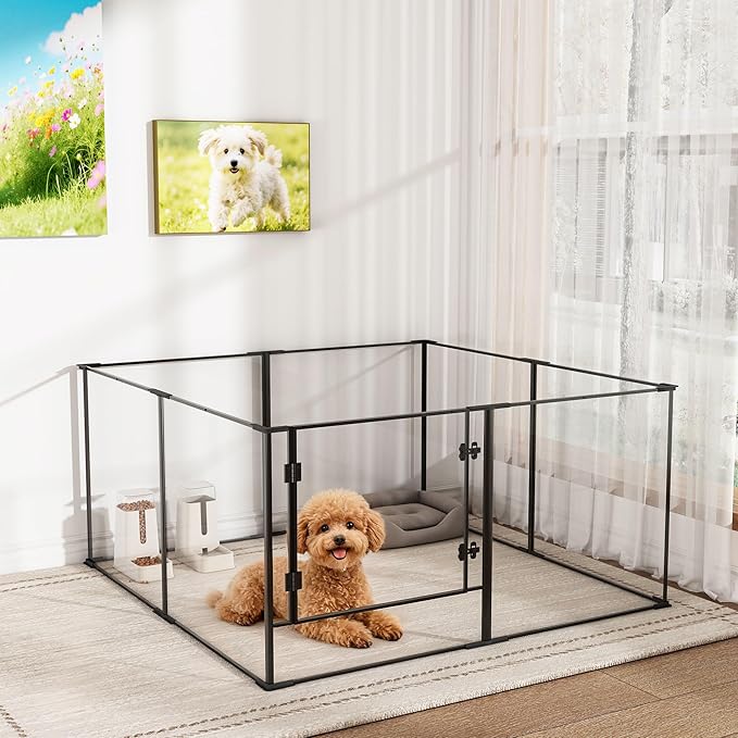 Acrylic Dog playpen Indoor: Clear Puppy Pen for Small Medium Dogs Cats with Metal Frame - 8panels 24inch Tall Transparent pet Fence with Door for Rabbits Guinea Pig