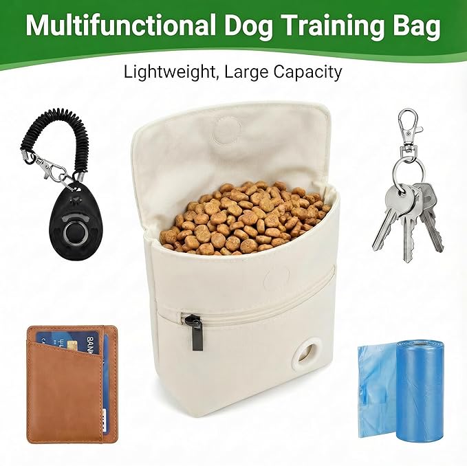 Dog Treat Pouch and Dog Training Clicker, Treat Bag with Poop Bag Dispenser, Powerful Magenetic Clasp, Metal Clip Waist Belt Fanny Pack for Pet Walk Dog Training (White)