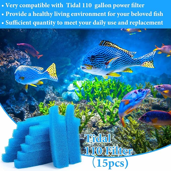 Threlaco 15 Pcs Aquarium Sponge Foam Filter Pads Compatible with Seachem Tidal Replacement Polishing Pad Fish Tank Filter Floss, Media for Crystal Clear Water(Compatible with Seachem Tidal 110,Blue)