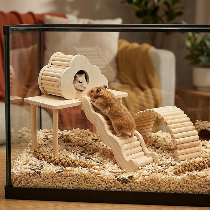 4 Pcs Hamster Platforms Wooden Ladder Bendy Bridge Fence Hidden Play House Hamster Game Climbing Toy with Platform Decor Cage Accessories for Dwarf Syrian Mice Degus Gerbils Squirrel Small Pets