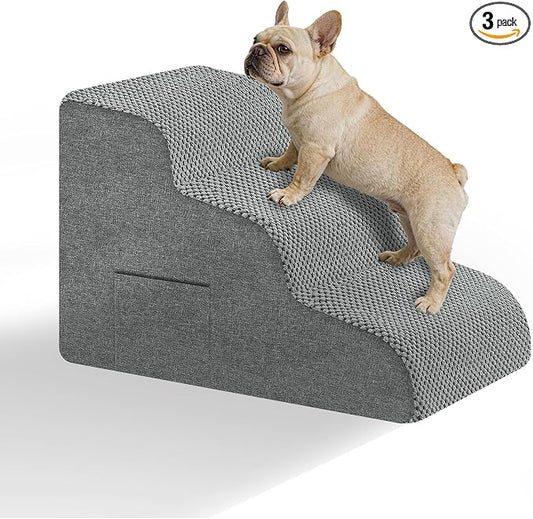 Dog Stairs for Bed & Couch, 15.7"H 3-Step High Density Foam Dog Steps for Small & Senior Dogs, Non-Slip Stable Pet Stairs for Sofa, Bedside, Balanced Bedroom Doggy Ramp with Removable Cover