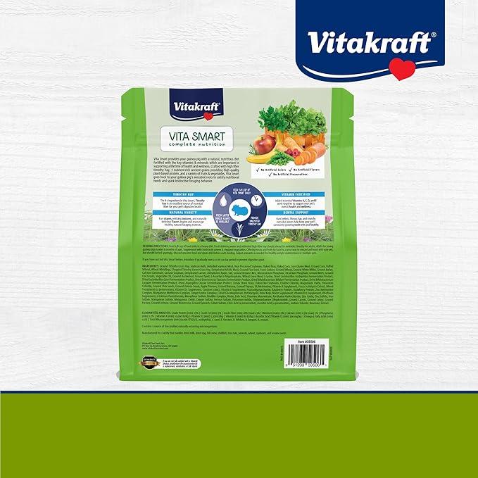 Vitakraft Vita Smart Guinea Pig Food – 4 lbs Bag - High Fiber Timothy Hay – with Vitamins Minerals, Probiotics for Engaging Foraging and Daily Nourishment - Includes Fruits, Vegetables and Vitamin C
