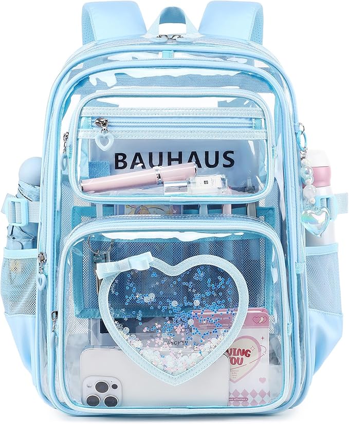 Clear Backpack for School Girls, Cute Heavy Duty PVC Transparent Bookbag, See-Through Bag for Stadium Event Blue