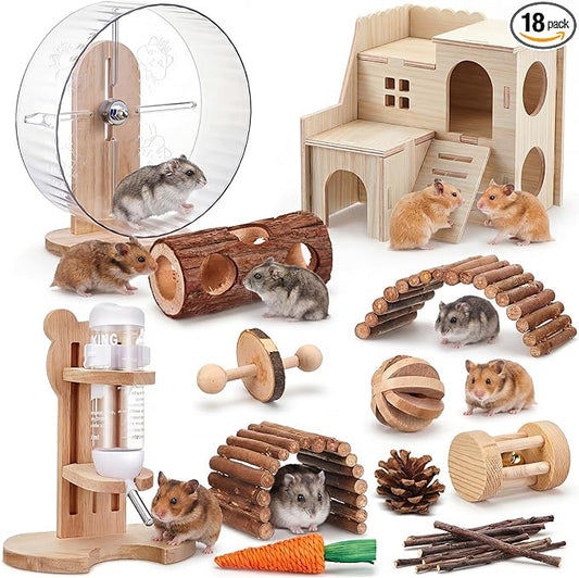 18 Pcs Hamster Cage Accessories, Silent Hamster Wheel, Chew Toys Set, Maze Wood House and Water Bottle Set for Rat Mice Small Animals Habitat (Natural Log Style)