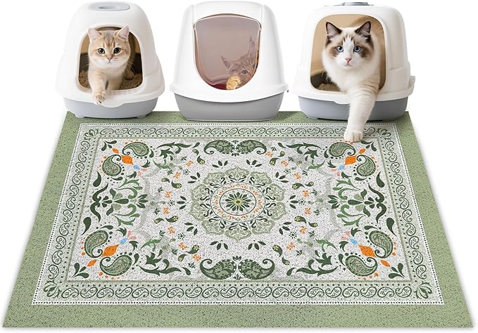 Unicorn Catcher Cat Litter Mat 40" x 30" Non-Slip Litter Box Mat Washable Litter Catcher Mat for Litter Box Indoor Food Mat Supplies Essentials, Green Mandala