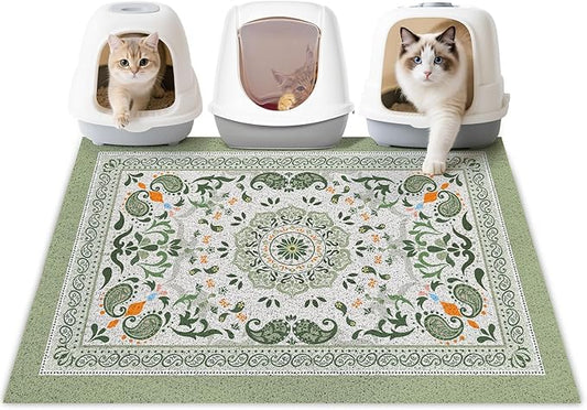 Unicorn Catcher Cat Litter Mat 40" x 30" Non-Slip Litter Box Mat Washable Litter Catcher Mat for Litter Box Indoor Food Mat Supplies Essentials, Green Mandala