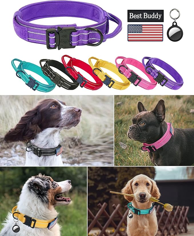 AUBELL Reflective Tactical Dog Collar,Adjustable Military Heavy Duty K9 Collars with Handle and Quick Release Metal Buckle Great for Medium Dogs, with Airtag Case and 2 Patches (Purple,M)