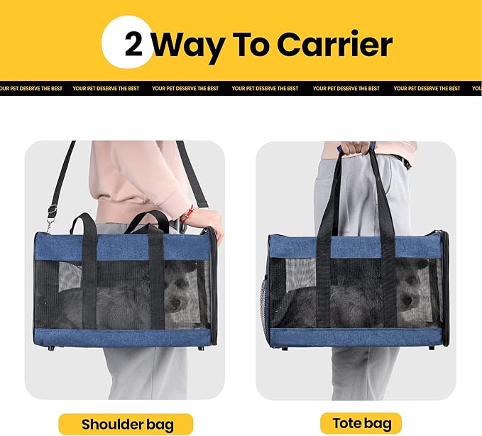 Conlun Cat Carrier Airline Approved, Soft-Sided Dog Carrier with Inner Safety Leash, Pet Transport Carrier for Small-Medium Cats Puppies up to 15 Lbs, Collapsible Travel Kitten Carrier Bag -Blue M