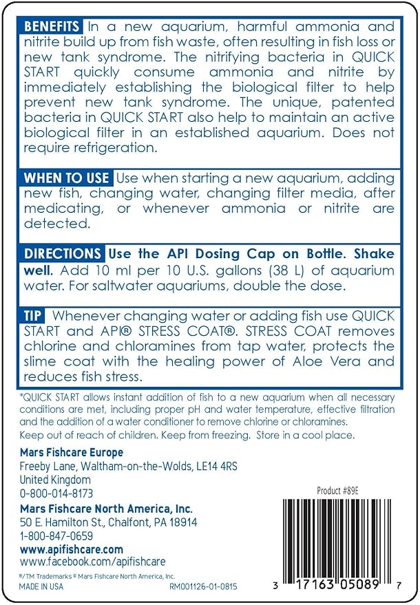 API QUICK START Freshwater and Saltwater Aquarium Nitrifying Bacteria and API TAP WATER CONDITIONER Aquarium Water Conditioner Bundle