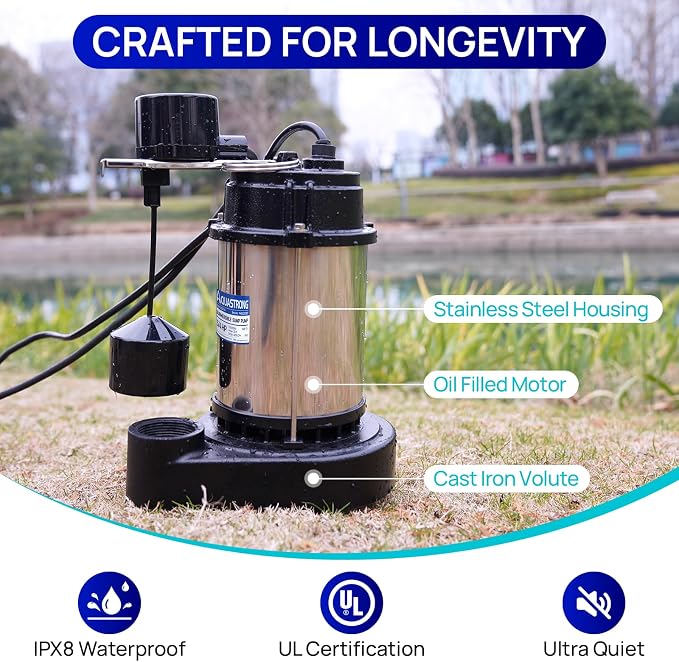 AQUASTRONG 3/4HP Sump Pump, 4890 GPH Submersible Pump, 1-1/2" NPT Discharge | Stainless Steel and Cast Iron Sump Pump, Automatic Integrated Vertical Float Switch with Piggy-back Plug for Basement