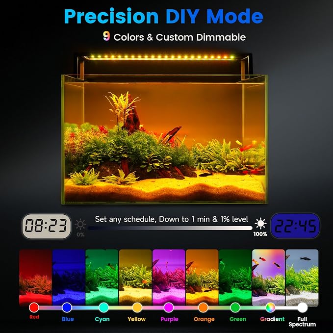 fishkeeper Smart LED Aquarium Light, 24/7 Full Spectrum Fish Light | Adjustable Bracket, LCD Controller, 9 Colors, 1% Dimming, 24/7 Auto Mode, Free Set Timer, Aluminum Housing