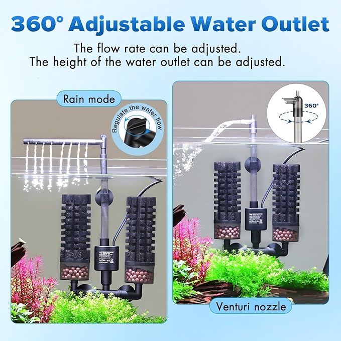 hygger Electric Aquarium Sponge Filter, 3.5W Quiet Fish Tank Filter Pump with 2 Spare Sponge & Bio Media Balls, Adjustable Outlet Venturi & Rain Mode(M for 10-40 Gal Fish Tank)