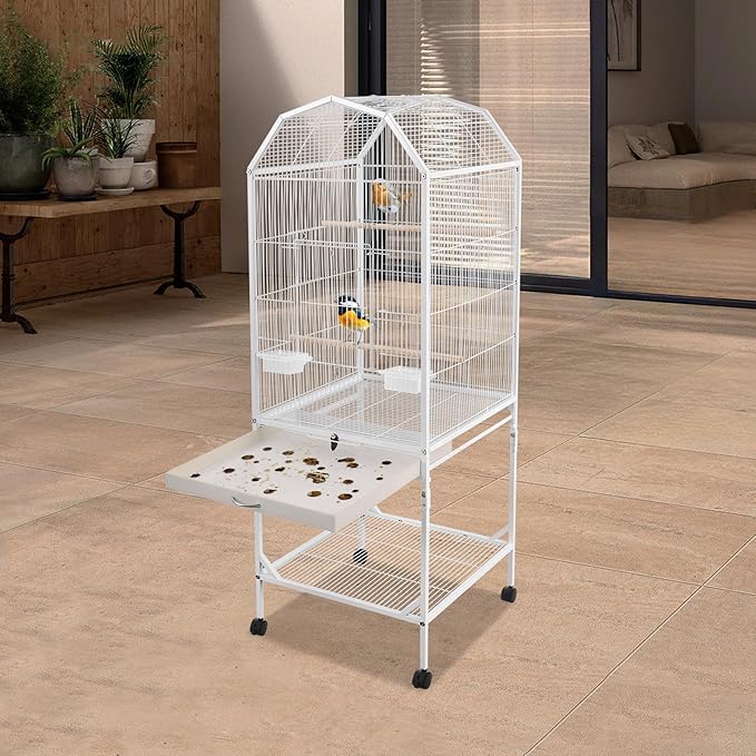 53.5 Inch Iron Bird Cage, Large Parakeet Cages with Play Open Top and Rolling Stand, Bird House with Detachable Stand and Pull-Out Tray for Cockatiels, Parrots, Lovebirds, Canaries (White, Style B)